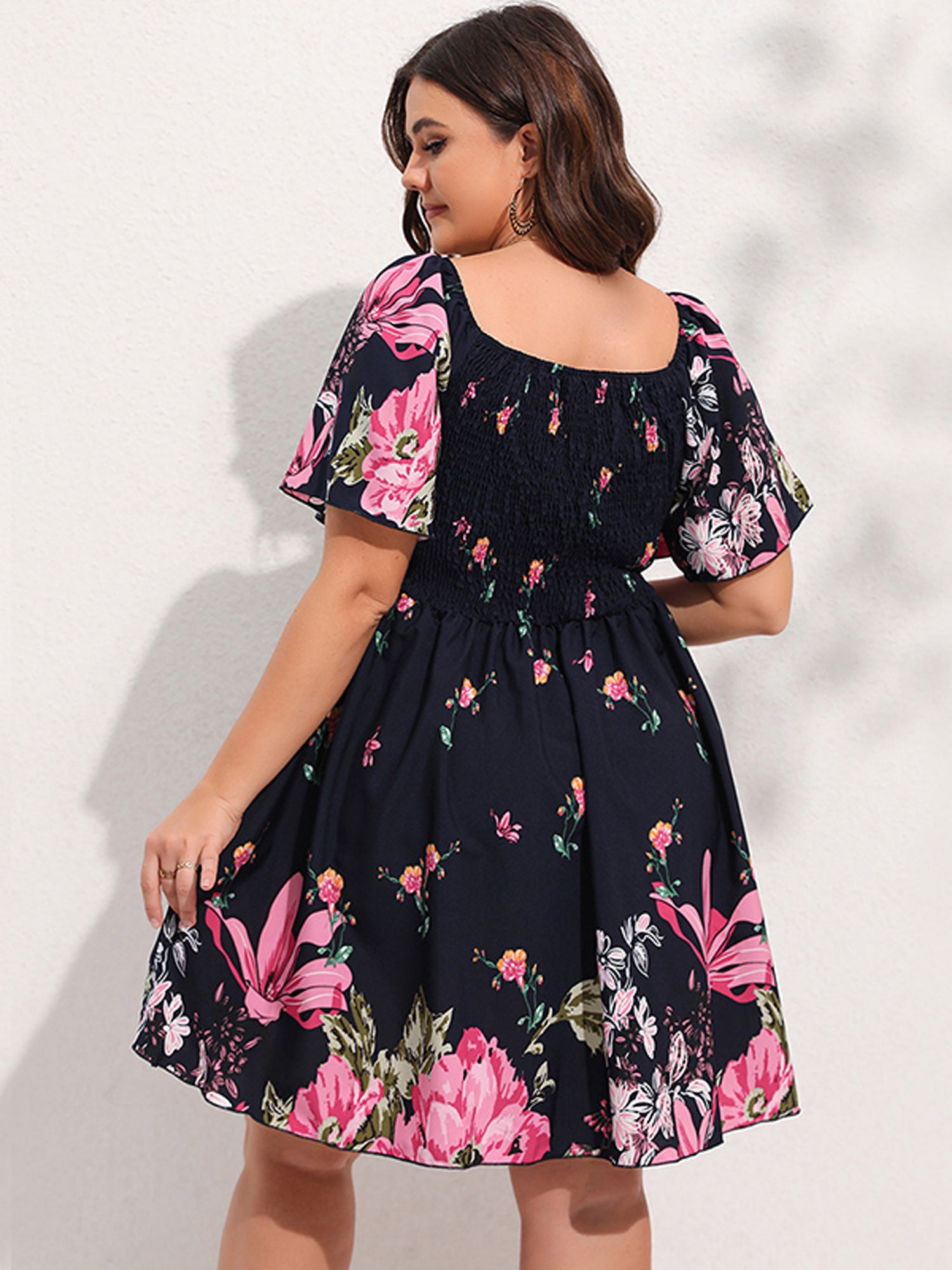  Floral Print Shirred Sleeve Midi Dress