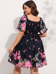  Floral Print Shirred Sleeve Midi Dress