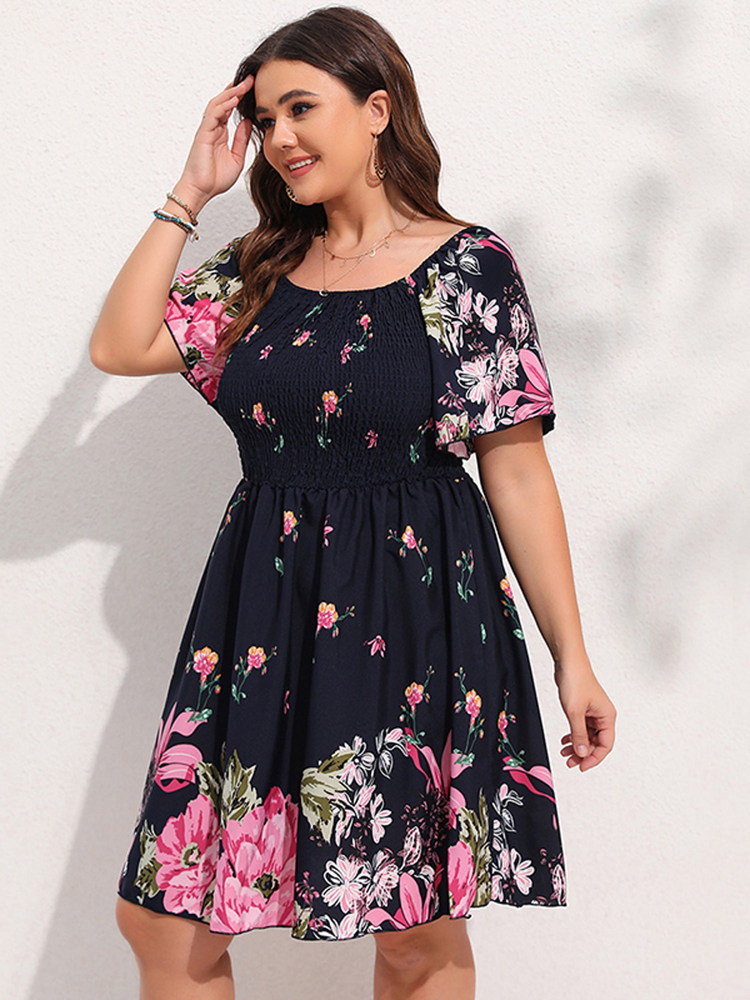  Floral Print Shirred Sleeve Midi Dress