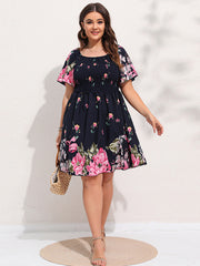  Floral Print Shirred Sleeve Midi Dress