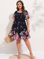  Floral Print Shirred Sleeve Midi Dress