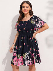  Floral Print Shirred Sleeve Midi Dress