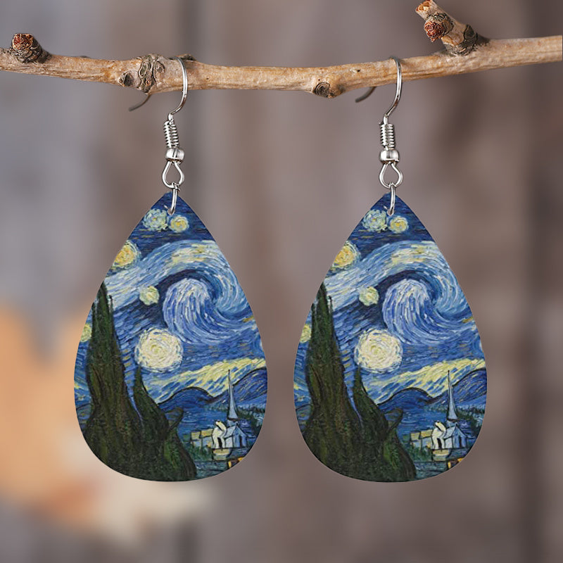 Van Gogh Teardrop Dangle Earrings PU Leather Ethnic Style