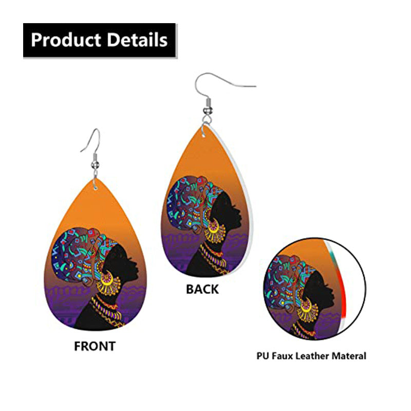 African Girl Pattern Teardrop Dangle Earrings Lightweight Ethnic Style Gift