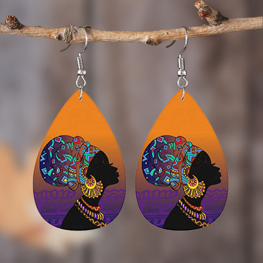 African Girl Pattern Teardrop Dangle Earrings Lightweight Ethnic Style Gift