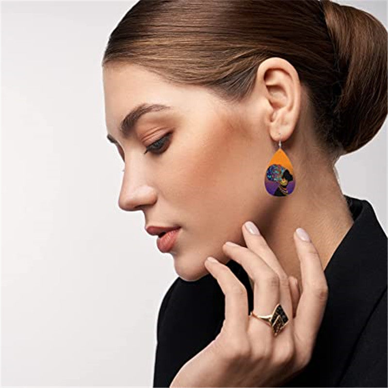 African Girl Pattern Teardrop Dangle Earrings Lightweight Ethnic Style Gift