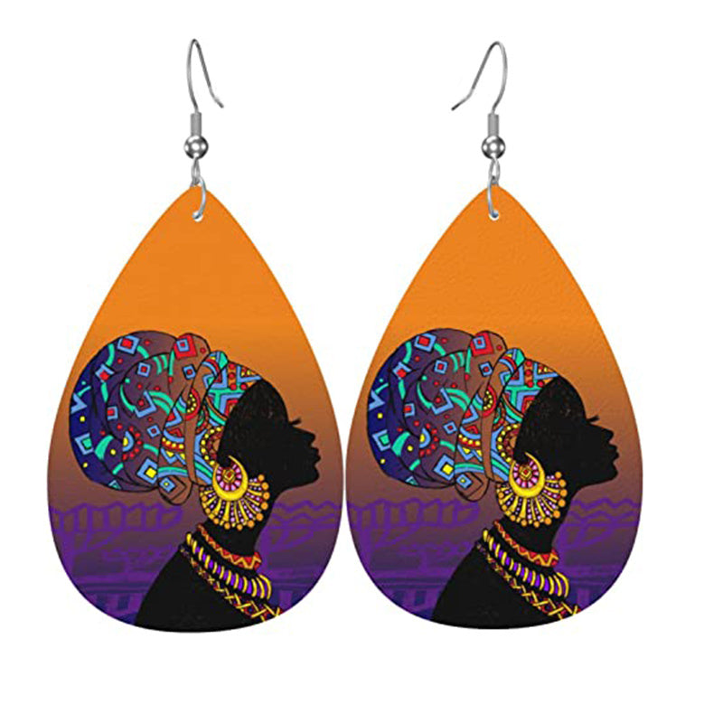 African Girl Pattern Teardrop Dangle Earrings Lightweight Ethnic Style Gift