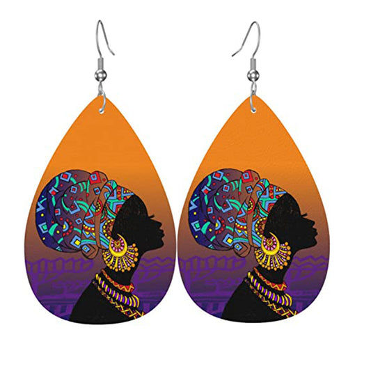 African Girl Pattern Teardrop Dangle Earrings Lightweight Ethnic Style Gift