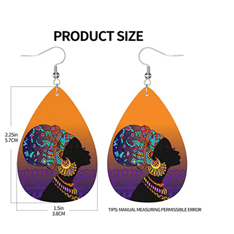 African Girl Pattern Teardrop Dangle Earrings Lightweight Ethnic Style Gift