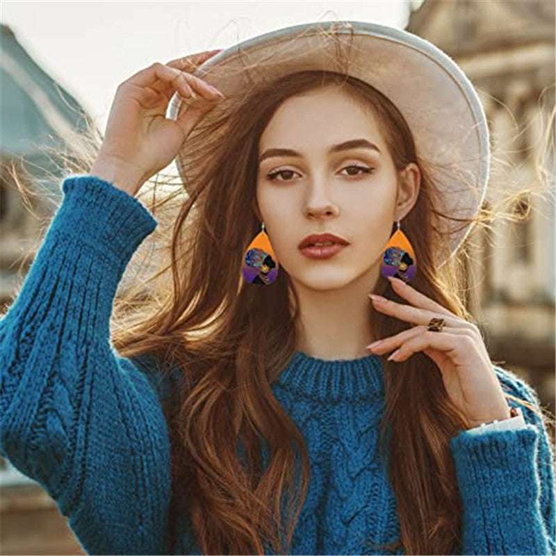 African Girl Pattern Teardrop Dangle Earrings Lightweight Ethnic Style Gift