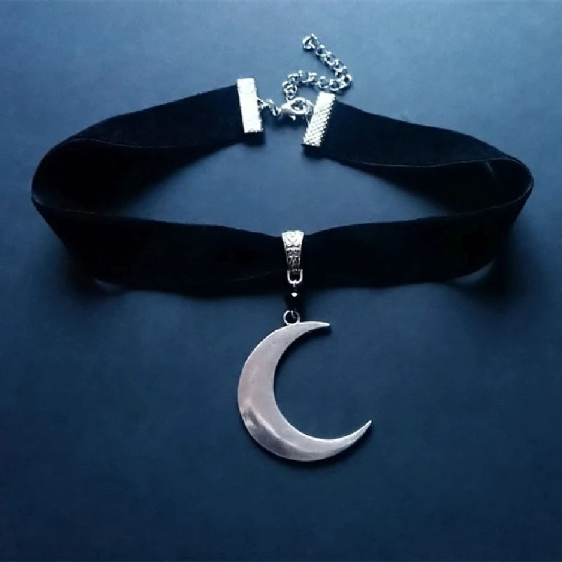 Silver Crescent Moon Pendant Choker Necklace Charm Gothic Witchy Punk Jewelry