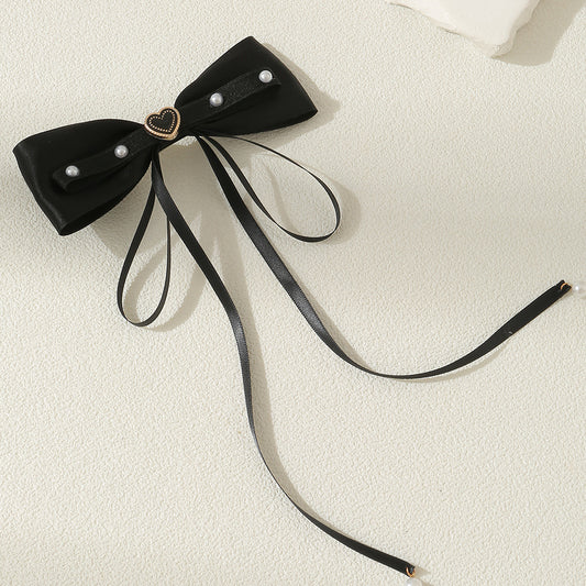 Bow Hair Clip Ribbon Bow Duck Billed Clip With Faux Pearl Tassel Hair Clip