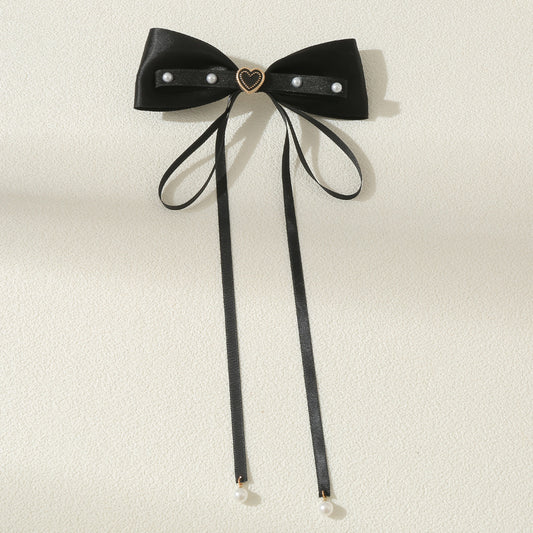 Bow Hair Clip Ribbon Bow Duck Billed Clip With Faux Pearl Tassel Hair Clip