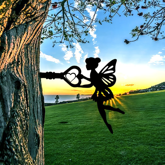Fairy Silhouette Statue Garden Fairy With Key Shape Stakes Metal Elf Ornament