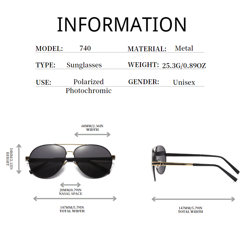 Men's Polarized Photochromic Sunglasses UV400 Metal Frame Business Eyewear