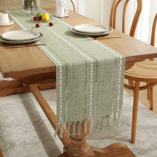 Fall Rustic Farmhouse Linen Table Runner with Tassels
