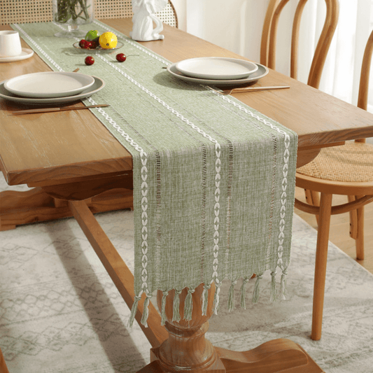 Fall Rustic Farmhouse Linen Table Runner with Tassels