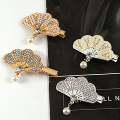 Rhinestone Fan Shape Hair Clip with Faux Pearl Head