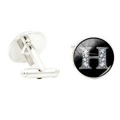 Glass Gem Letter H Cufflinks, Rhodium Plated, Wedding Jewelry