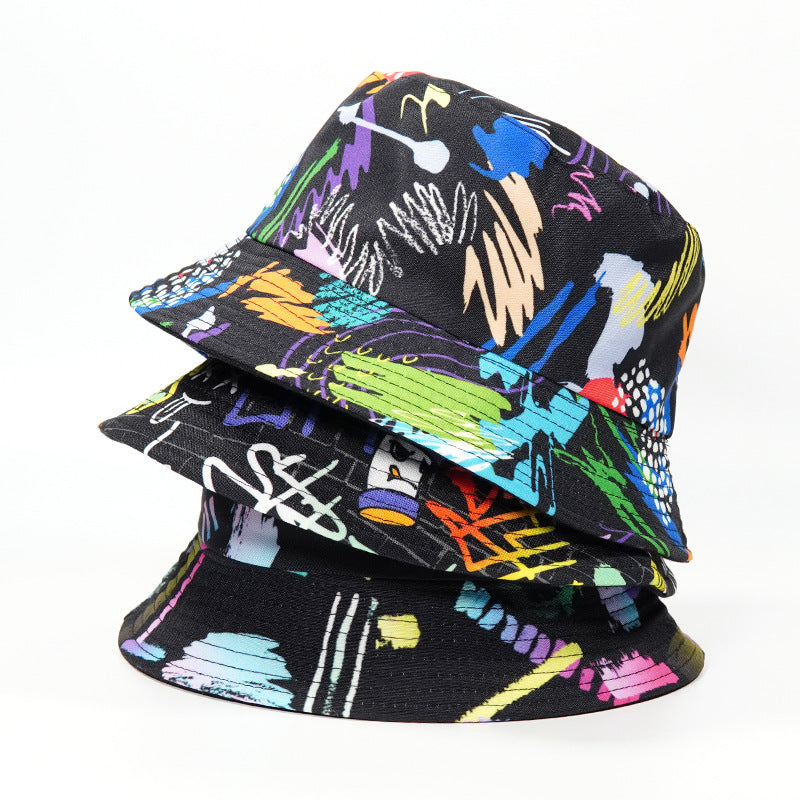 Graffiti Print Reversible Bucket Hat Tie Dye Sun Hat Unisex Lightweight Fisherma