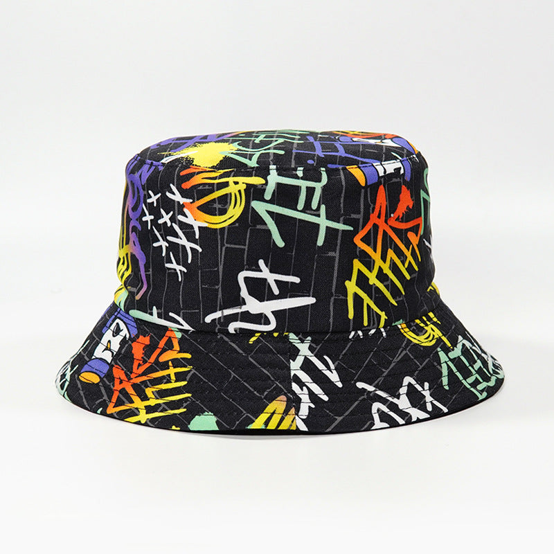Graffiti Print Reversible Bucket Hat Tie Dye Sun Hat Unisex Lightweight Fisherma