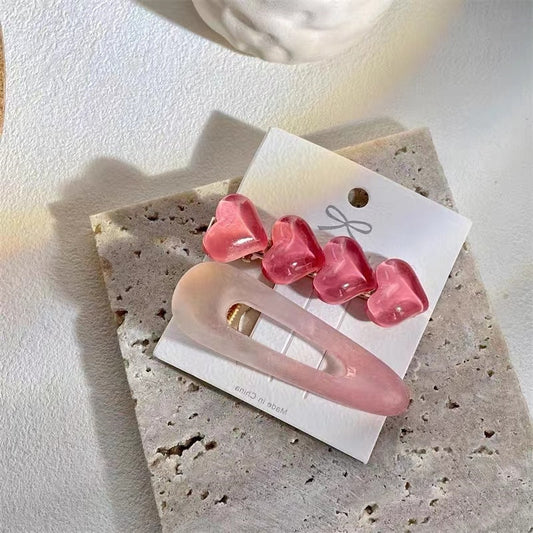 2pcs Jelly Pink Hair Clip Heart Decor Duck Billed Clip For Side Hair Bang