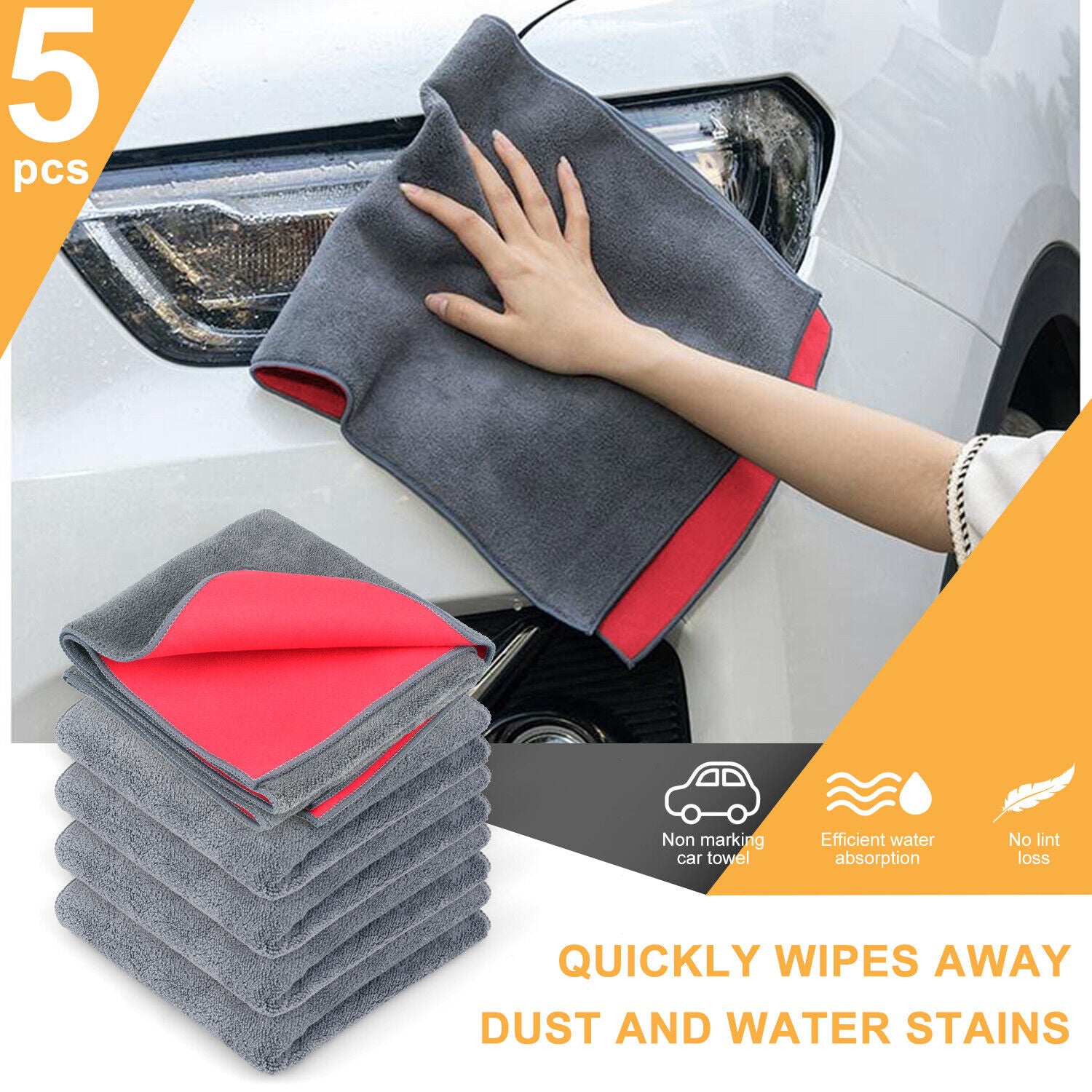 5 Pack Double Sided Car Wash Towels, Soft & Absorbent