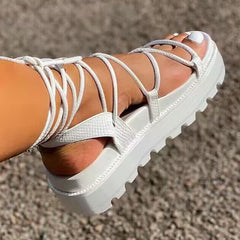 Women's Solid Platform Sandals Comfy Open Toe Lace Up Shoes