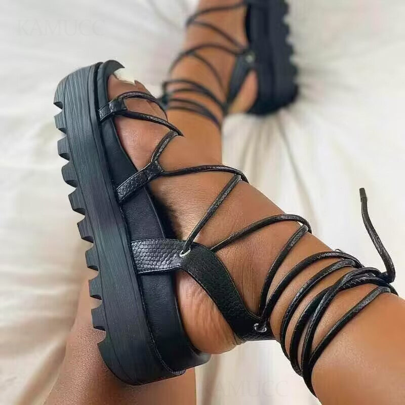 Women's Solid Platform Sandals Comfy Open Toe Lace Up Shoes