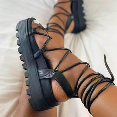 Women's Solid Platform Sandals Comfy Open Toe Lace Up Shoes