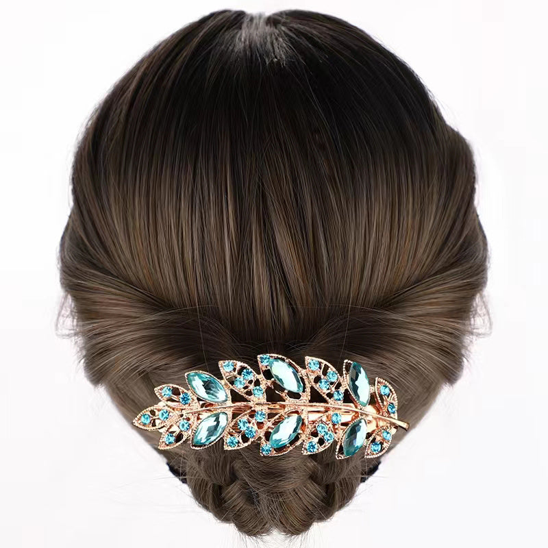 Vintage Crystal Leaf Barrette Glitter Rhinestone Hair Clip