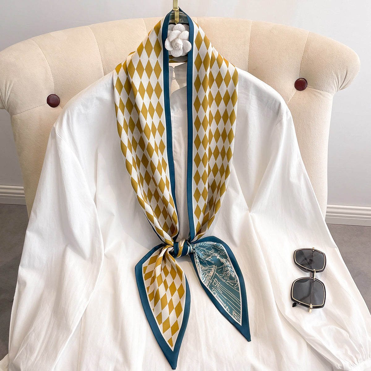 Plaid Print Skinny Scarf Neck Tie Silk Twilly Scarf