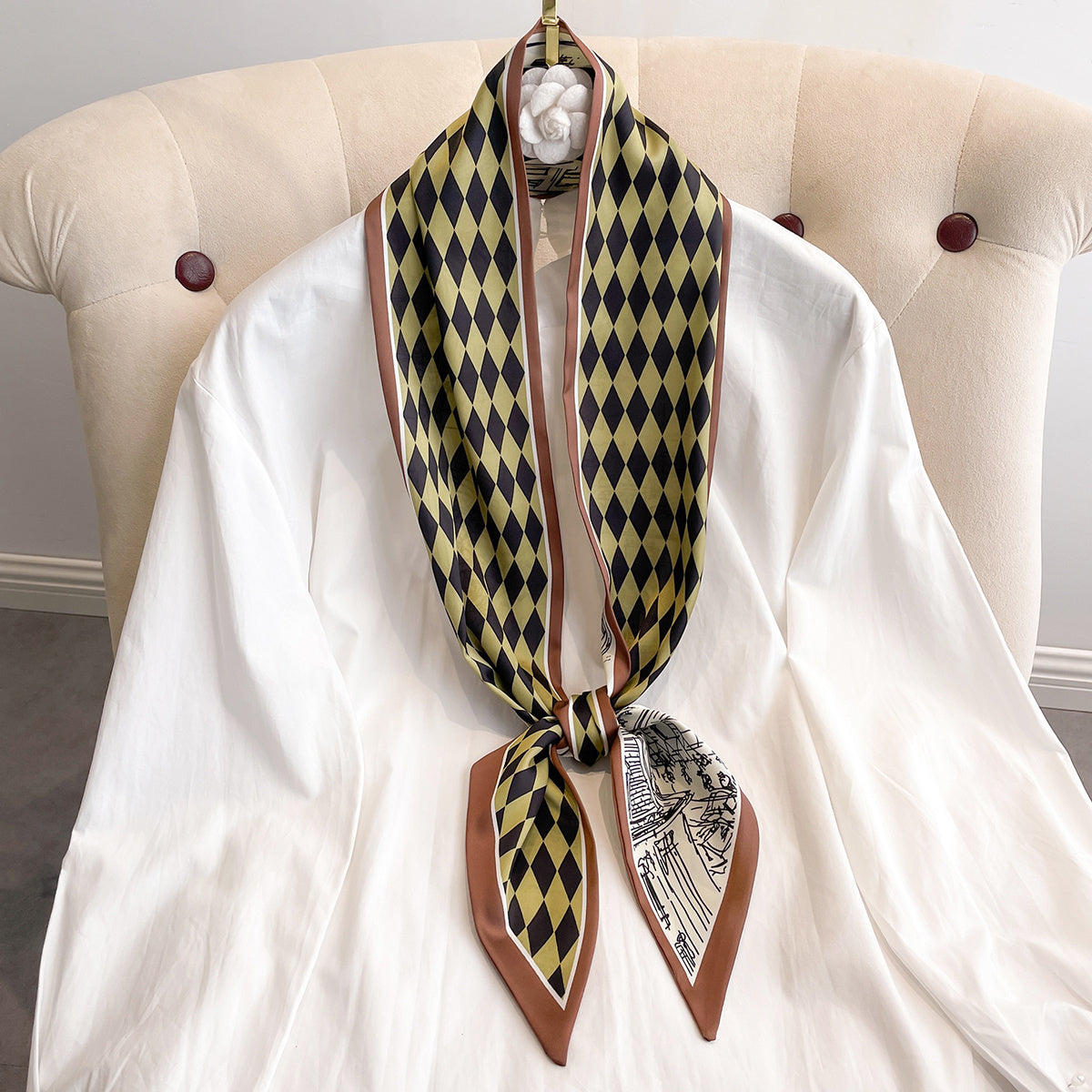 Plaid Print Skinny Scarf Neck Tie Silk Twilly Scarf