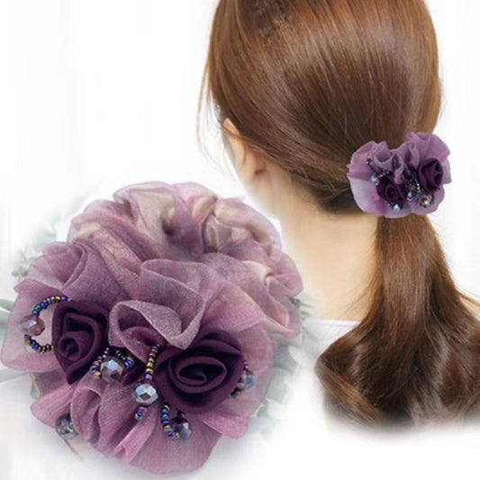 Retro Floral Hair Tie with Rhinestone Mesh Hair Rope