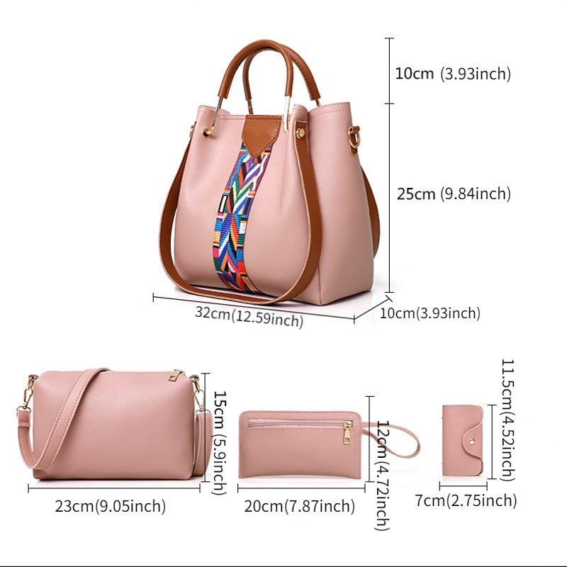 4Pcs Stripe Decor Bag Set Faux Leather Handbags With Crossbody Bag & Clutch