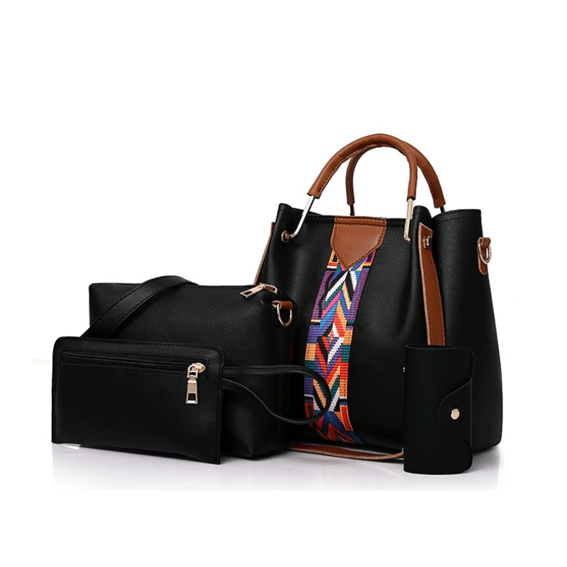 4Pcs Stripe Decor Bag Set Faux Leather Handbags With Crossbody Bag & Clutch