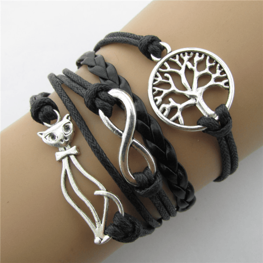 Retro Cat Big Tree Infinity Leather Bracelet