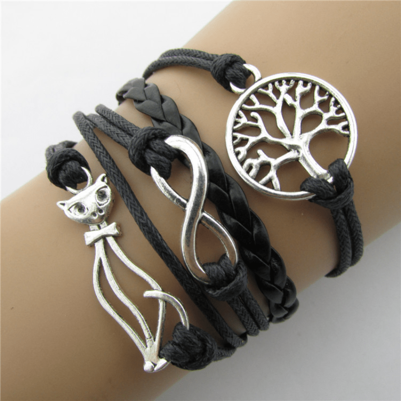 Retro Cat Big Tree Infinity Leather Bracelet