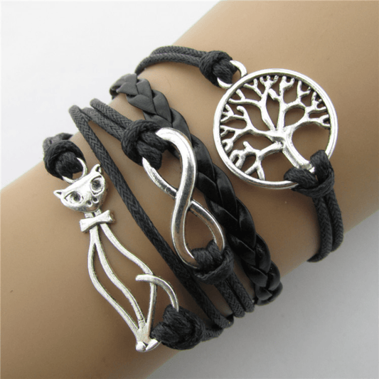 Retro Cat Big Tree Infinity Leather Bracelet