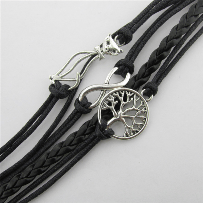 Retro Cat Big Tree Infinity Leather Bracelet