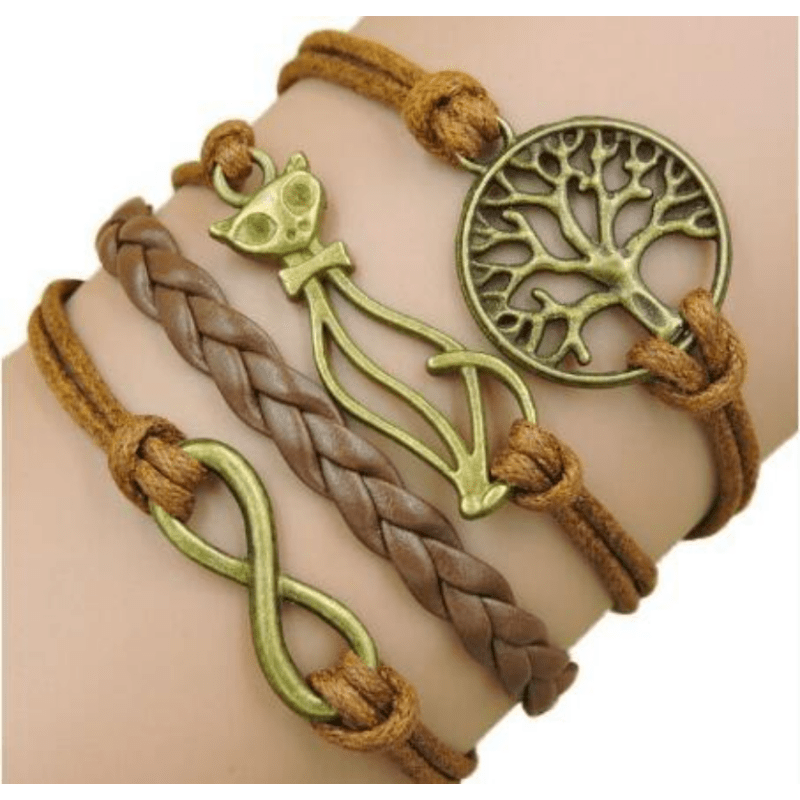 Retro Cat Big Tree Infinity Leather Bracelet