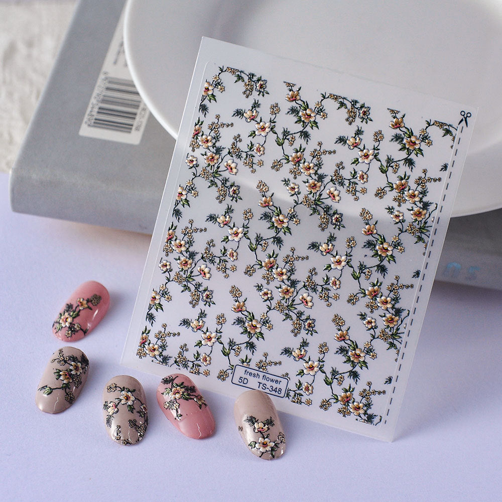 5D Floral Plant Embossed Nail Decals Self Adhesive Nail Stickers