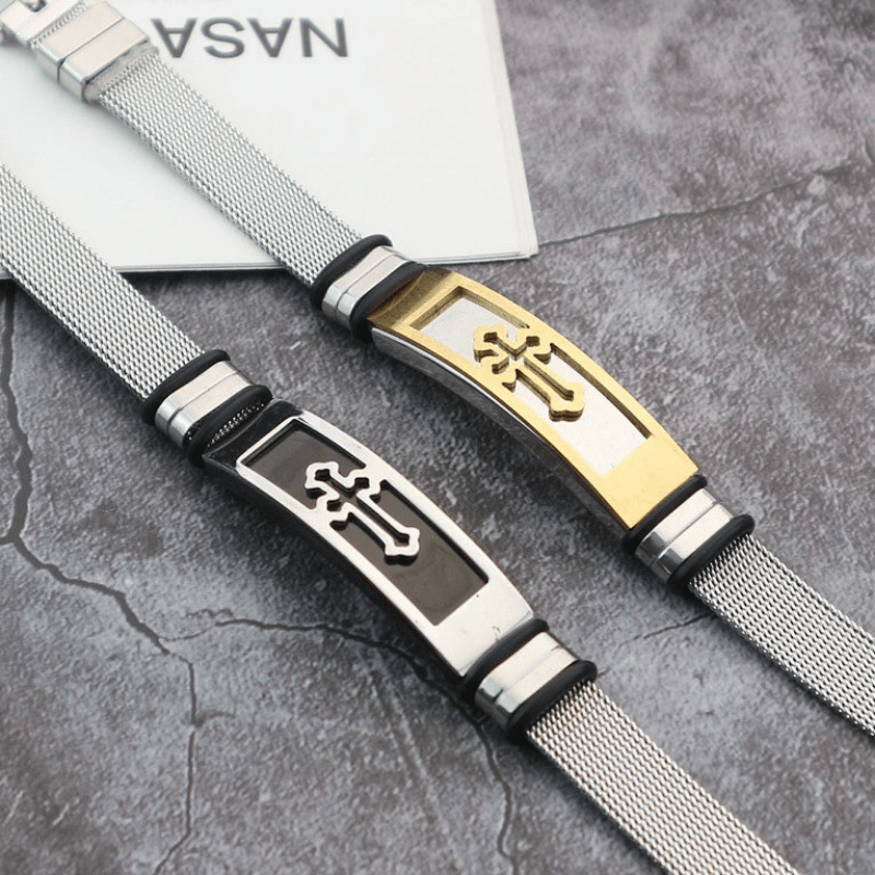 Stainless Steel Cross Mesh Chain Bangle Couple Bracelet