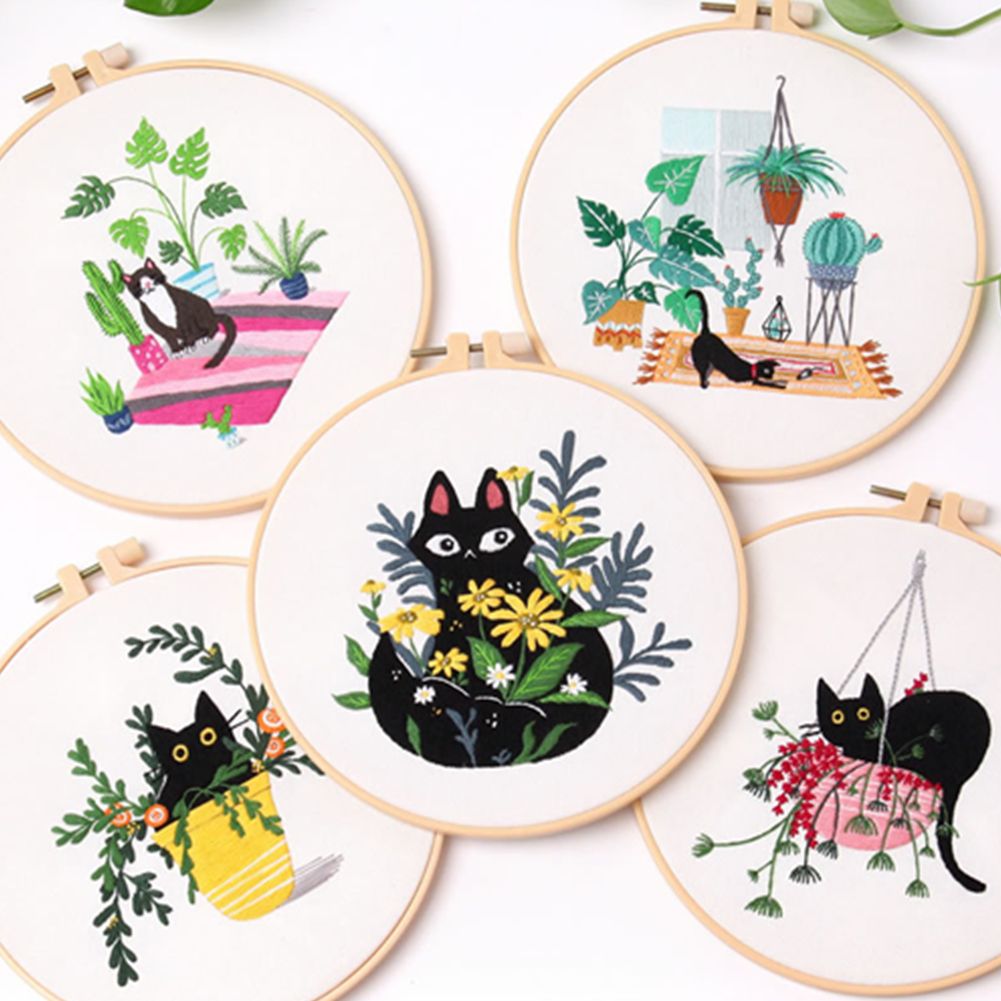 Flower Cat Embroidery Kit DIY Round Cross Stitch Kit