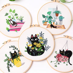 Flower Cat Embroidery Kit DIY Round Cross Stitch Kit