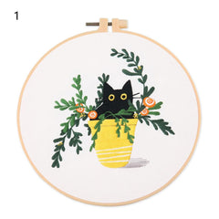 Flower Cat Embroidery Kit DIY Round Cross Stitch Kit