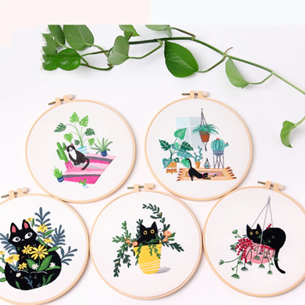 Flower Cat Embroidery Kit DIY Round Cross Stitch Kit