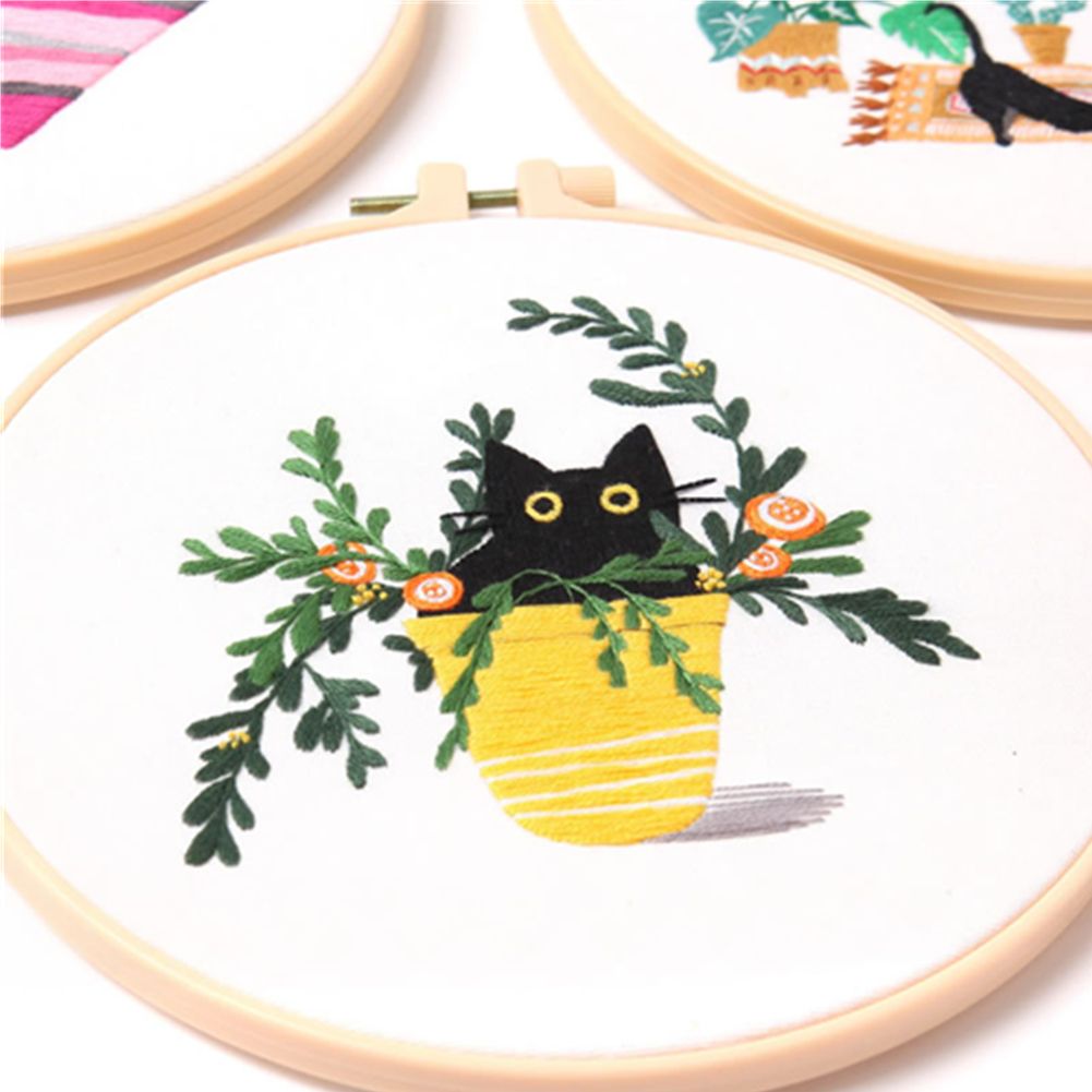 Flower Cat Embroidery Kit DIY Round Cross Stitch Kit