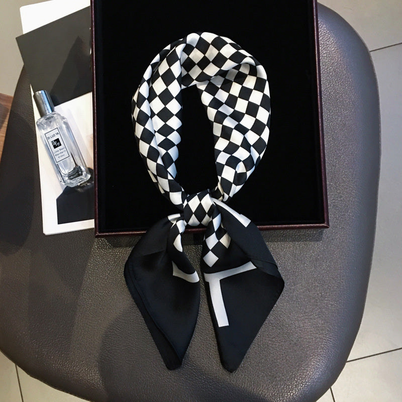 Plaid Print Square Scarf Neckerchief Bandana Silk Head Wrap Hair Accessory