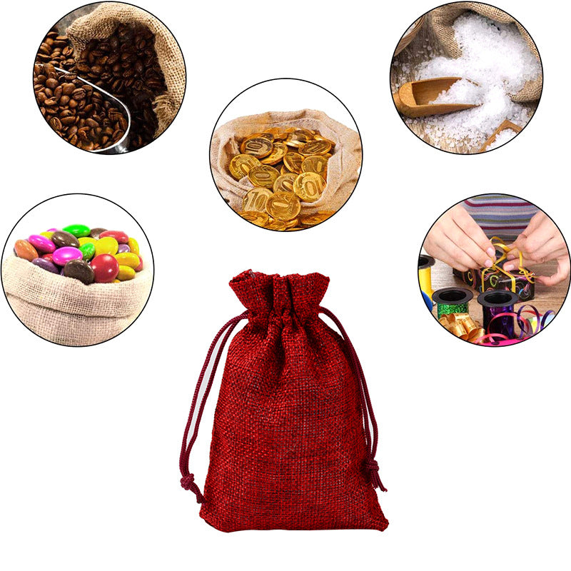 Wine Red Hemp Bundle Pocket Storage Bag Drawstring Gift Bag